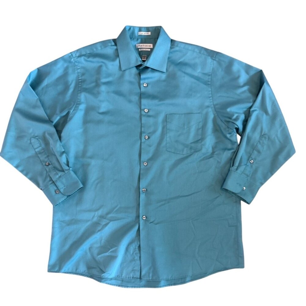 VanHeusen Shirt Lux Sateen Reg Fit Long Sleeve 16.5 Lrg 32/33 Wrinkle Free Teal